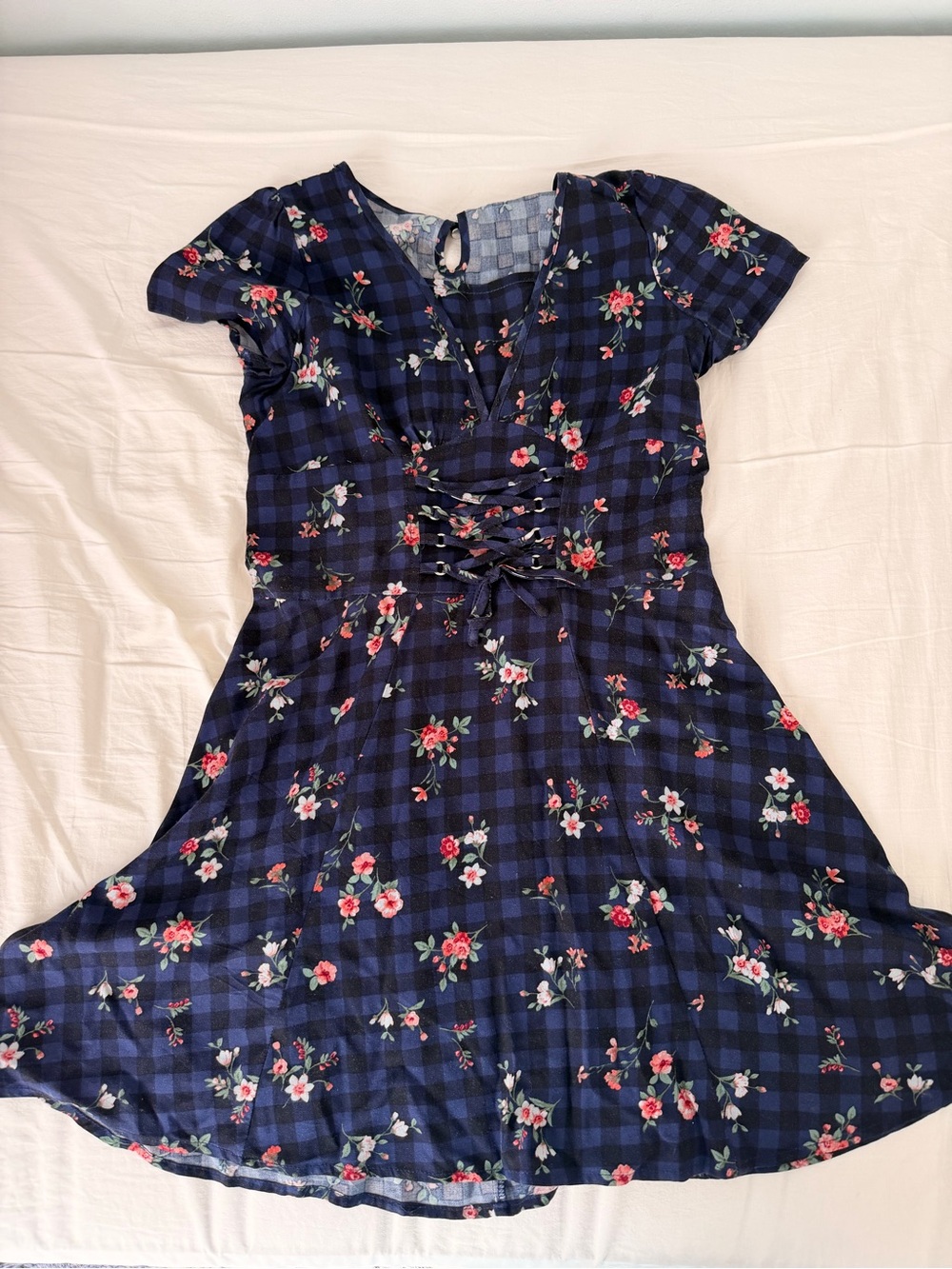Navy Plaid Floral Lace-Up Fit & Flare Dress